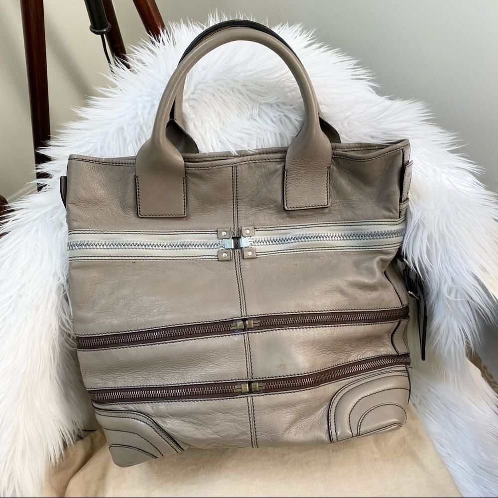 Chloe Taupe Gladys Leather Multi Zippers Tote Bag - Picture 5 of 11